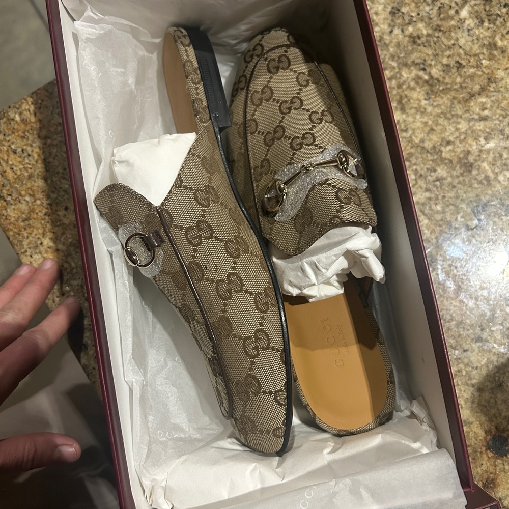 Gucci Brown GG Canvas Princetown Mule with Gold Horsebit - Picture 13 of 15